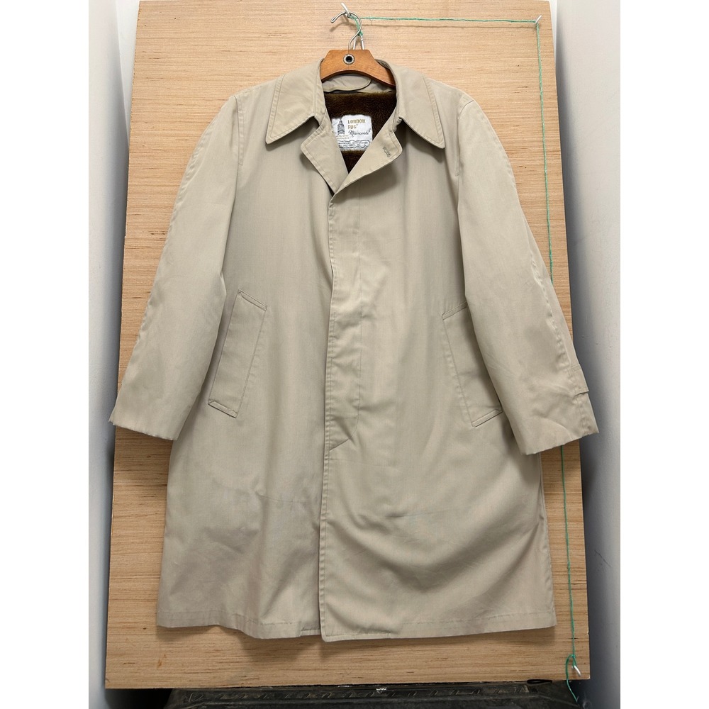 London Fog Maincoats Tan Trench Coat Zip Out Faux Fur Liner Mens 40 Short USA